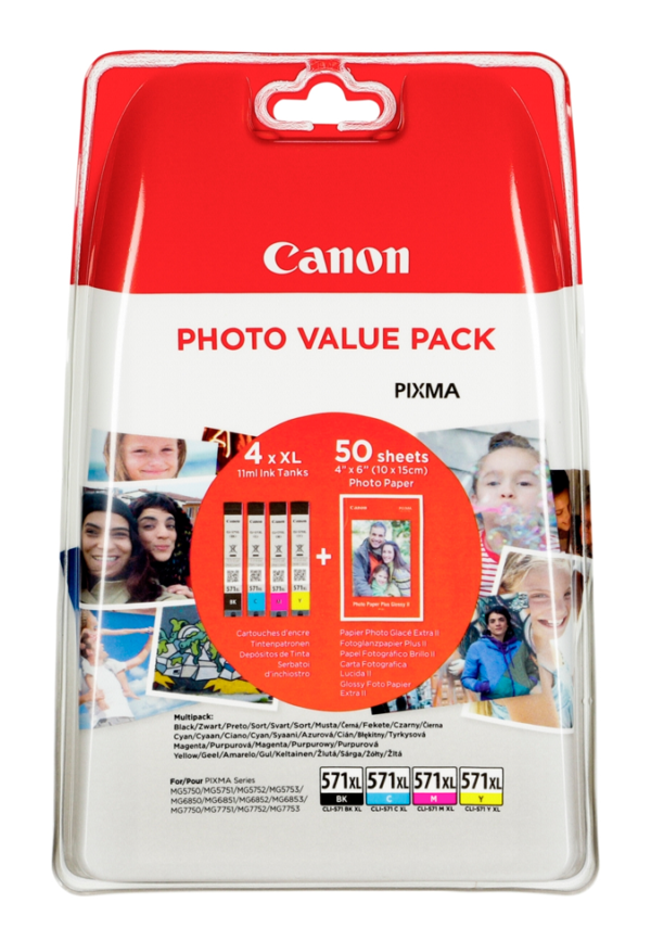 Canon value pack CLI-571XL BK+C+M+Y blækpatron 44ml original 4 stk. + 50 stk. fotopapir Canon PP-201